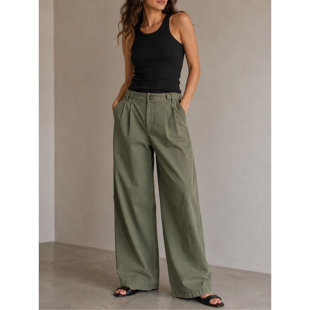 Madewell Wide Leg Crop Pants Women Size 14 Green Lyocell Linen Cotton High Rise - Picture 1 of 16